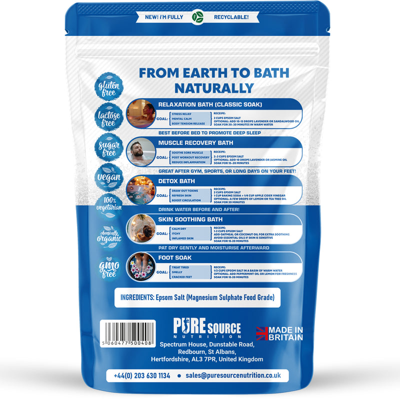 Pure Source Nutrition Epsom Salt 1kg - Unscented Pouch	